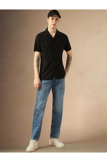 Solid Relaxed Fit Spread Collar Shirt with Pocket