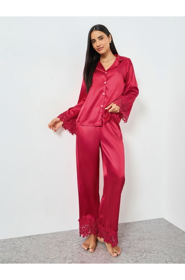 Burgundy Lace Trim Satin Shirt and Pyjama Set