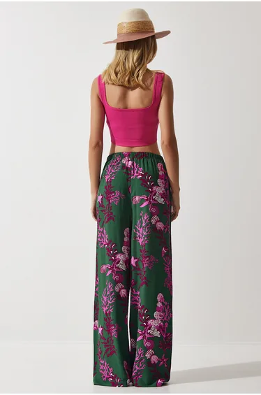 Women's Dark Green Fuchsia Patterned Flowing Viscose Palazzo Trousers