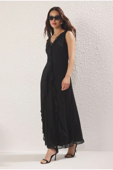 Black Plain A-Line Ruffle Maxi Woven Dress