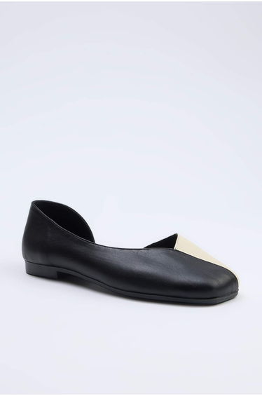 Black Genuine Leather Contrast Women's Ballet Flats