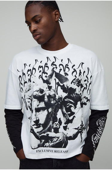 Oversized Boxy Faux Layer Gothic Printed Long Sleeve T-Shirt - white