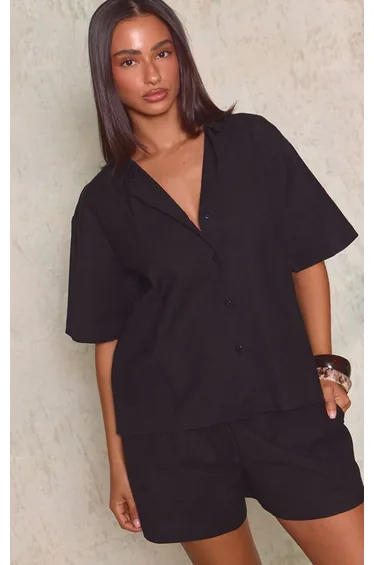Petite Black Button Up Short Sleeve Linen Look Shirt