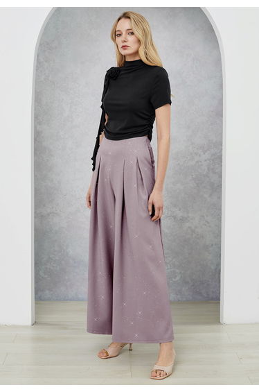 Sequins Embellished Pleats Wide-Leg Pants in Lavender