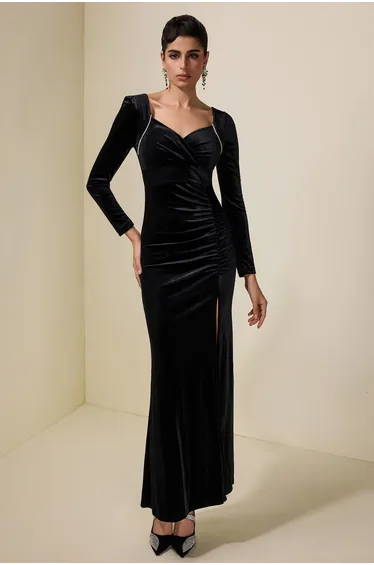 Velvet V-Neck Rhinestone Midi Dress