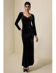 Velvet V-Neck Rhinestone Midi Dress