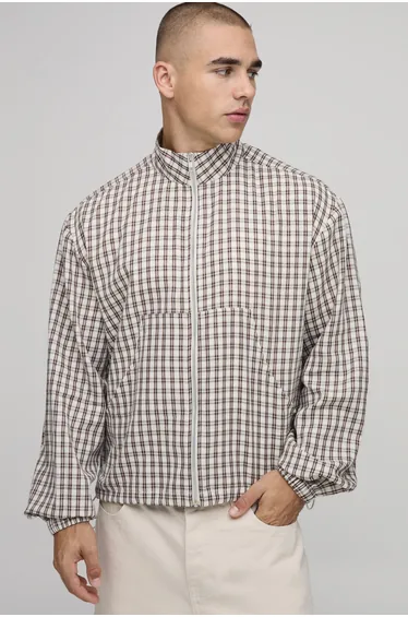 Regular Fit Funnel Neck Check Harrington Overshirt - ecru