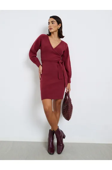 Maroon Sweater Knit Mini Dress with Tie Belt