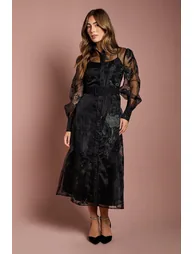Long Sleeve Embellished Organza Shirt Dress