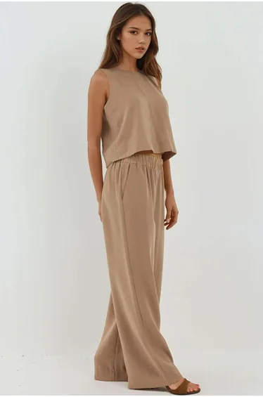 Linen Feel Blouse & Elastic Waist Pants Two-Piece Coord Set