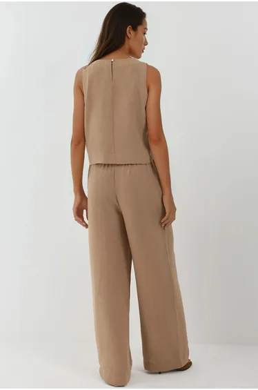 Linen Feel Blouse & Elastic Waist Pants Two-Piece Coord Set