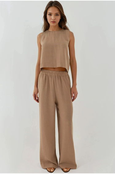 Linen Feel Blouse & Elastic Waist Pants Two-Piece Coord Set