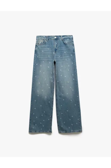 Heart Printed Regular Leg Cotton Loose Fit Denim Trousers - Loose Straight Fit Jeans