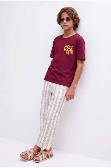 Claret Red Boy's Printed Knitted T-Shirt