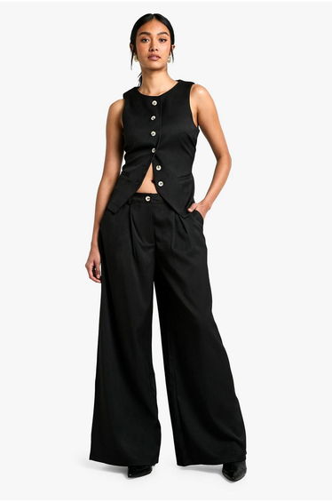 Tailored Pleated Straight Leg Trousers - black