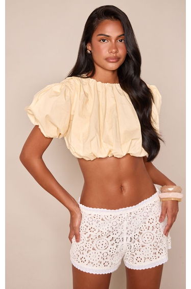 Lemon Cotton Short Sleeve Cropped Puffball Top