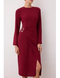 Burgundy Straight A-Line Accessory Detailed Midi Woven Dress - 2