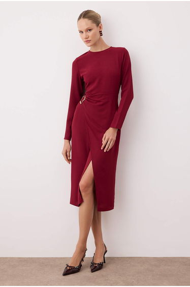 Burgundy Straight A-Line Accessory Detailed Midi Woven Dress