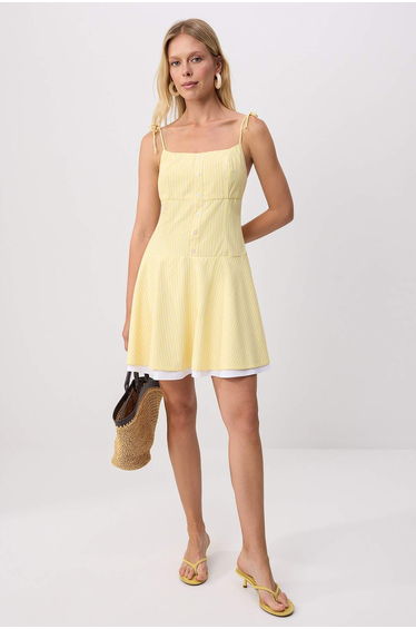 Yellow Striped Waist Opening Woven Mini Dress