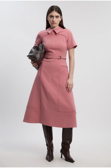 Compact Stretch Tab Detail Full Skirted Midi Dress