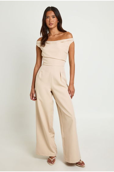 Drape Bardot Wide Leg Jumpsuit - sand