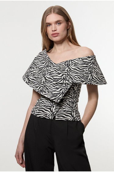 Zebra Jacquard Assymetric Neck Tailored Top