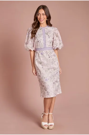 Printed Lace Puff Sleeve Pencil Dress