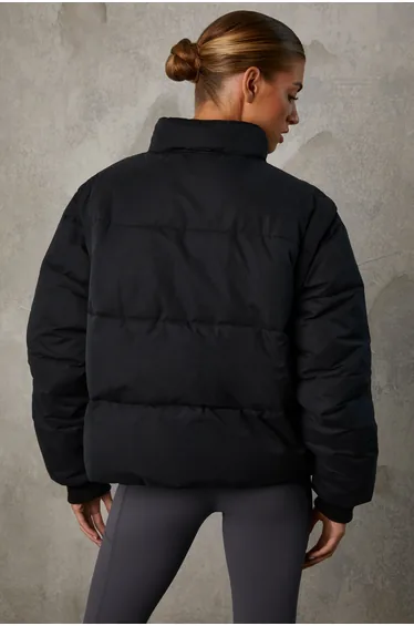 Cropped Puffer Jacket with Detachable Sleeves in Black