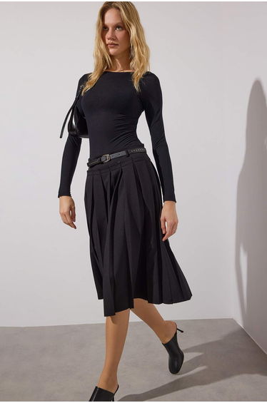Black Limited Edition Pleated Belted Midi Skirt