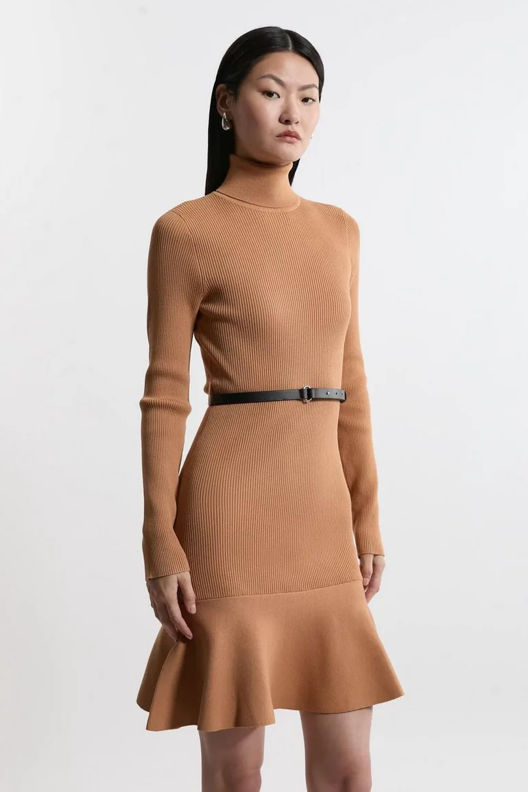 Viscose Blend Knit Roll Neck Belted Flippy Hem Mini Dress Karen Millen :  Day Dresses : VogaCloset Oman