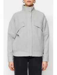 Gray Oversize Stamped Bomber Coat - 3