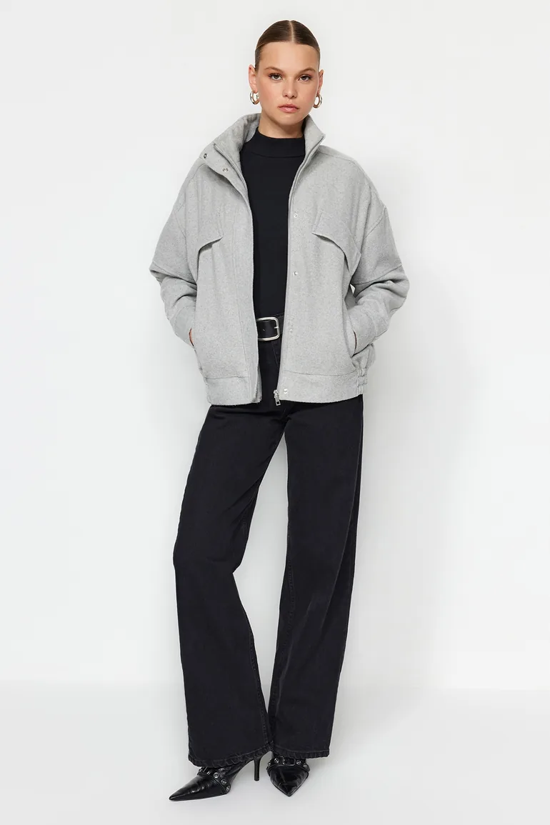 Gray Oversize Stamped Bomber Coat - 2