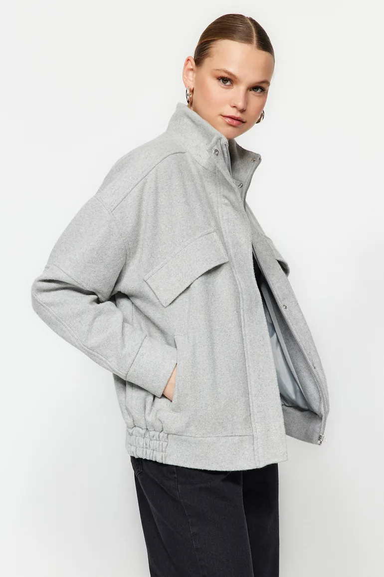 Gray Oversize Stamped Bomber Coat - 1