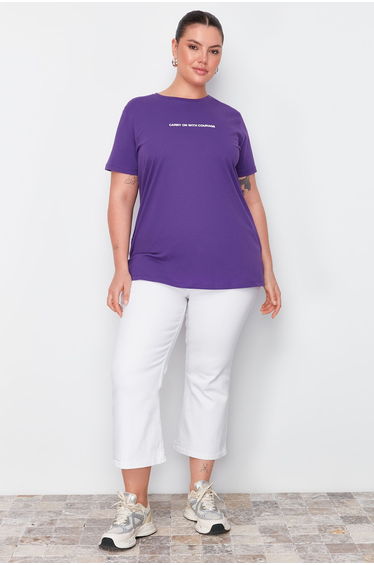 Purple Crew Neck Slogan Detailed Knitted T-Shirt