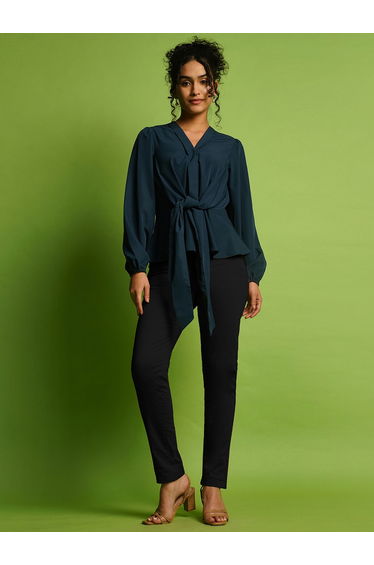 V-Neck Balloon Sleeve Crepe Top with Tie-Up Detail