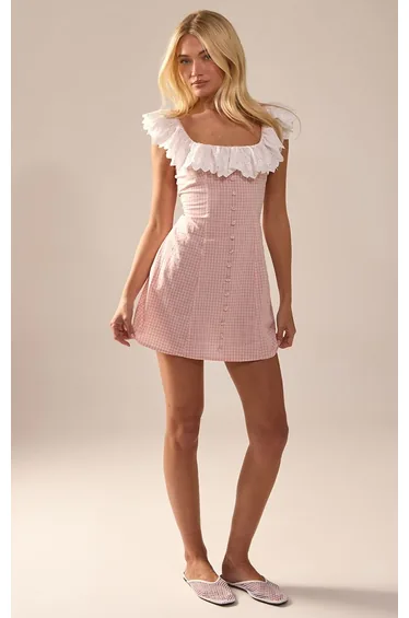 Pink Gingham White Broderie Detail Mini Dress