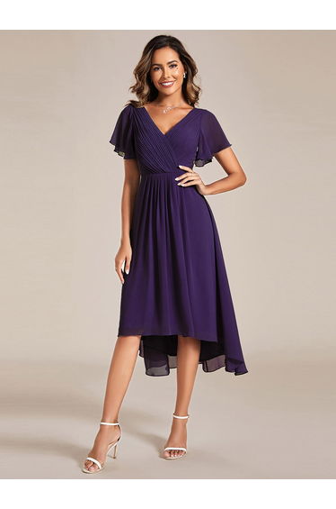 ever FAYE|Chic V Neck Asymmetrical Hem Ruffles Sleeve Pleated Chiffon Wedding Guest Dress