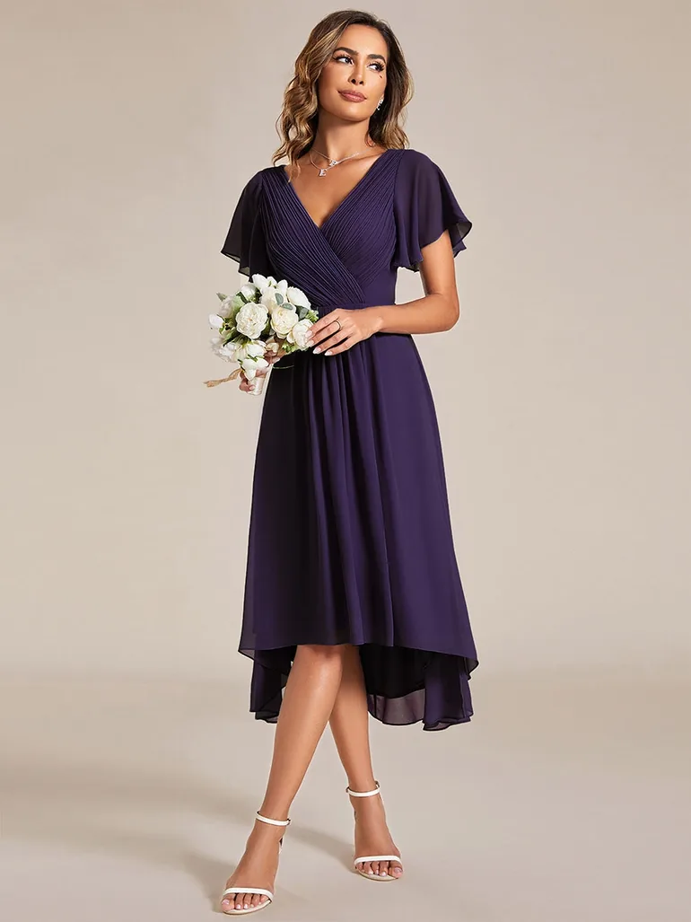 ever FAYE|Chic V Neck Asymmetrical Hem Ruffles Sleeve Pleated Chiffon Wedding Guest Dress - 4