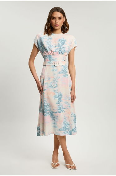Scenic Print Contrast Topstitch Belted Midi Dress