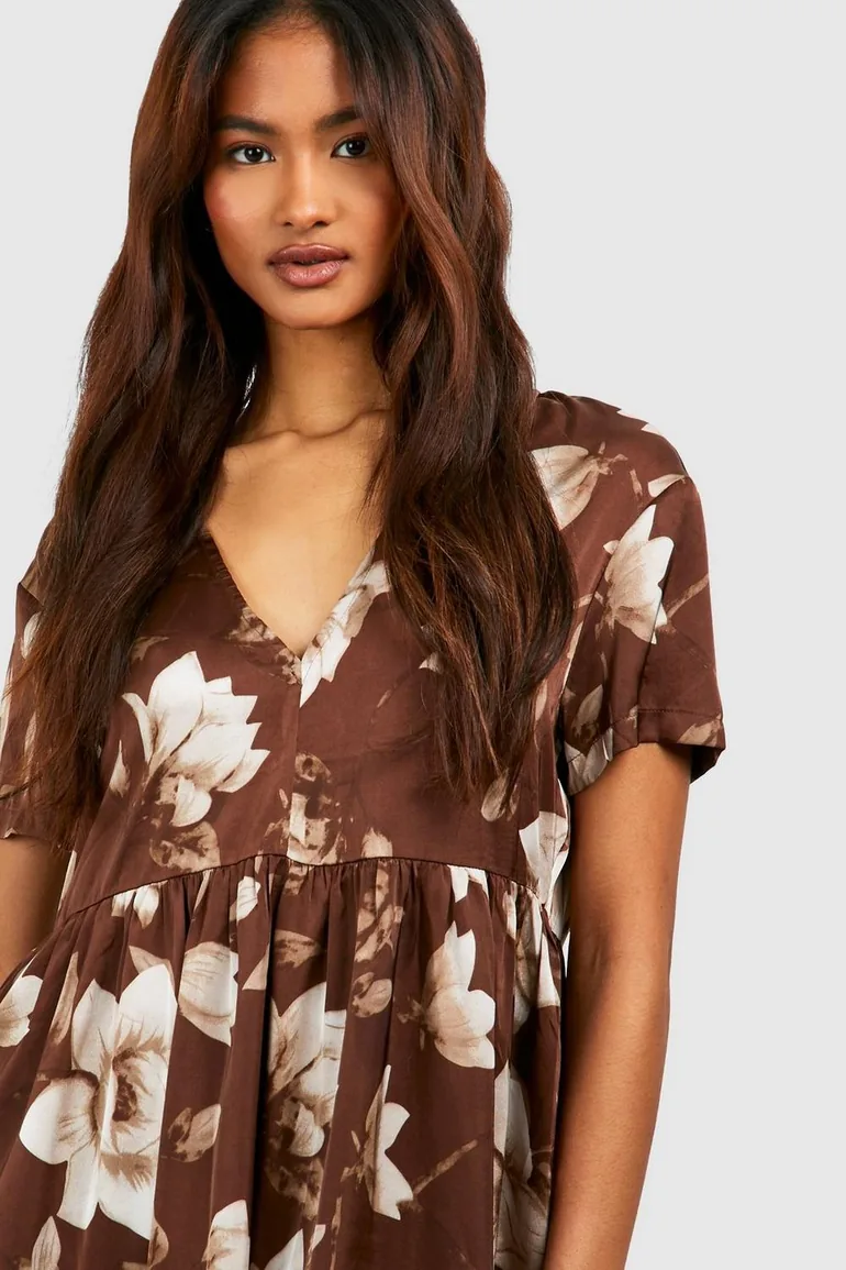 Tall Satin Floral V Neck Smock Dress - chocolate - 3