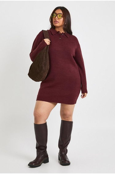 Plus Collared Long Sleeve Knit Jumper Dress - burgundy