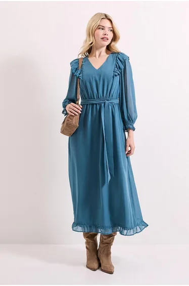 فستان ميدي بكشكش بأكمام بلوسون