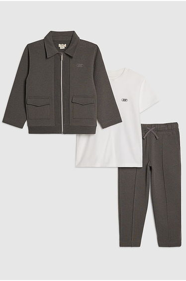 Mini Boys Grey Textured Jacket 3 Piece Set