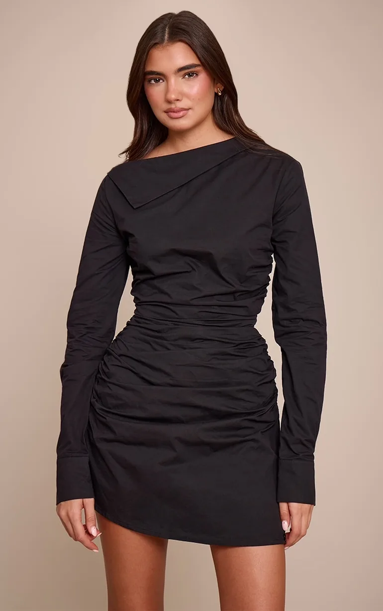 ruched long sleeve shirt dress Women's Blue Ruched Long Sleeve Shirt Dress