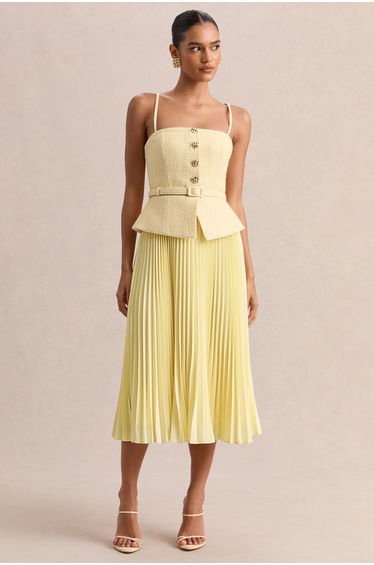Lizzy | Lemon Square-Neck Midi Dress With Pleated-Skirt