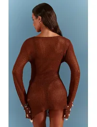 Chocolate Crochet Shell Trim Mini Beach Dress - 2