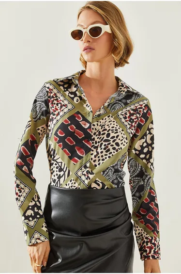 Women's Patterned Long Sleeve Oversize Fit Cut Viscose Shirt