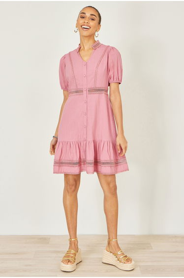 Yumi Pink Cotton Lace Trim Skater Shirt Dress