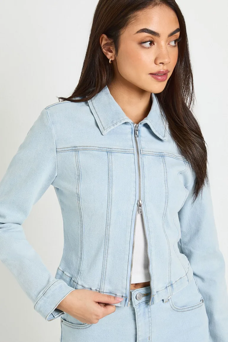 Double Zip Denim Jacket - bleached blue - 3