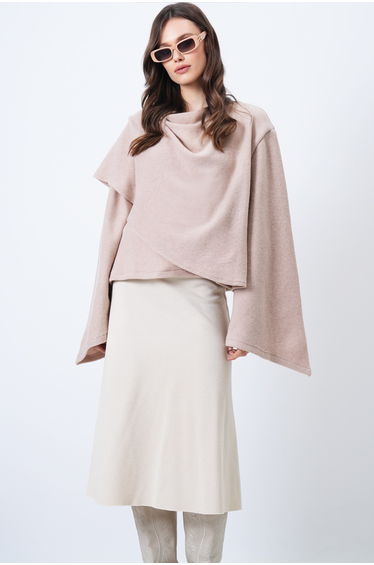 Women's Powder Crew Neck Self-Shawl Detailed Wide Cut Design